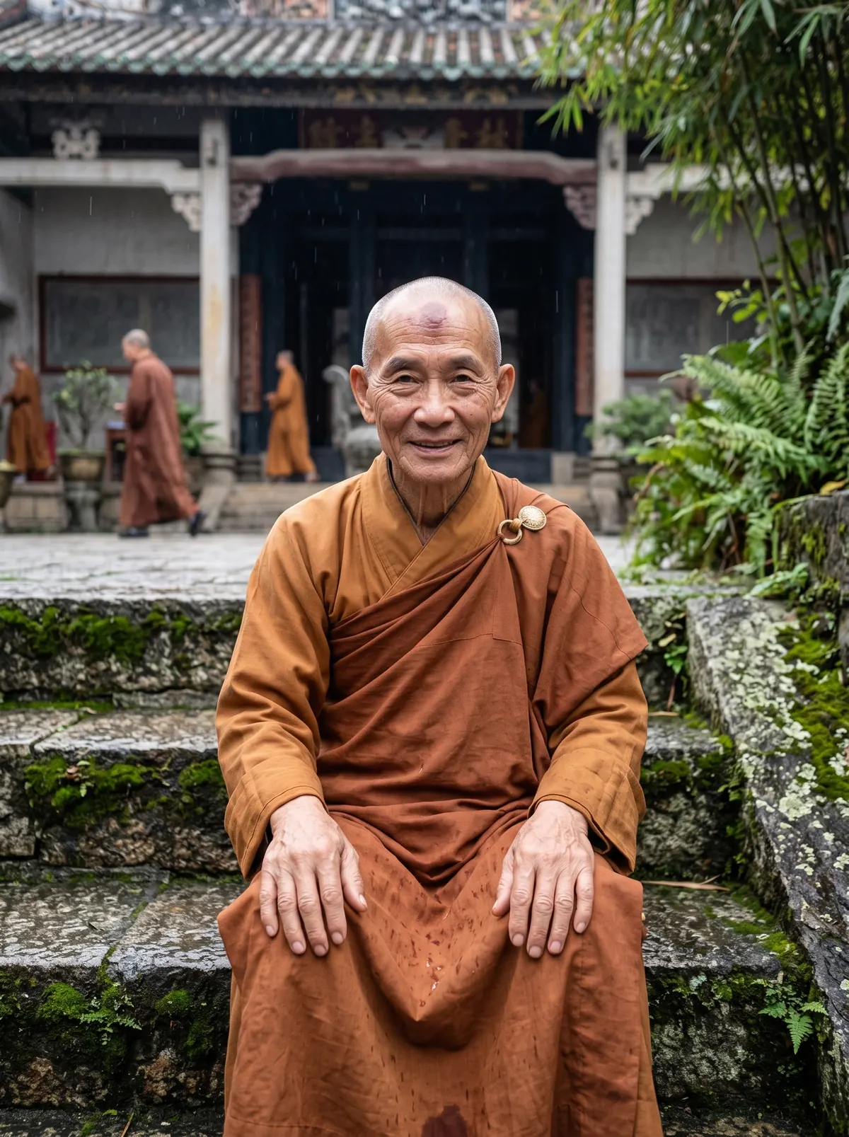Master Dao Shen sitting on the steps of a monastery courtyard